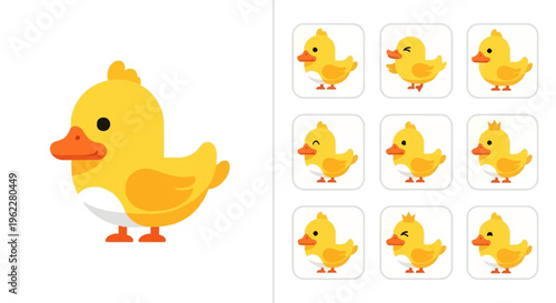Charming cartoon duck illustration with different expressions and a minimalist design style