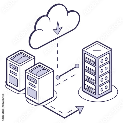 Vector illustration of computer servers connected to cloud storage for data transfer and backup purposes online