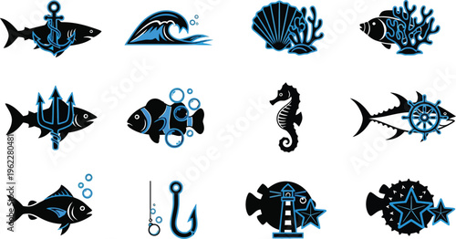 Oceanic Sea Creatures and Nautical Symbols Set