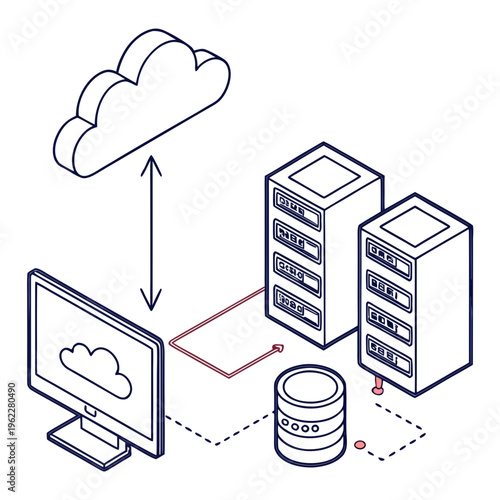 Cloud computing concept with server, database, and computer connected to cloud storage