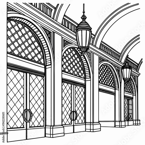 Black and white illustration of a building with arched windows and doors with street lamps