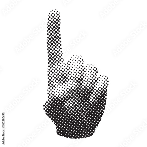Modern graphic illustration of a hand with index finger pointing up featuring a stylish halftone dot pattern isolated