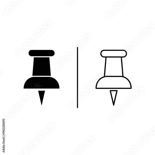 Push pin icon, solid black and outline version, a visual representation of a push pin, presented