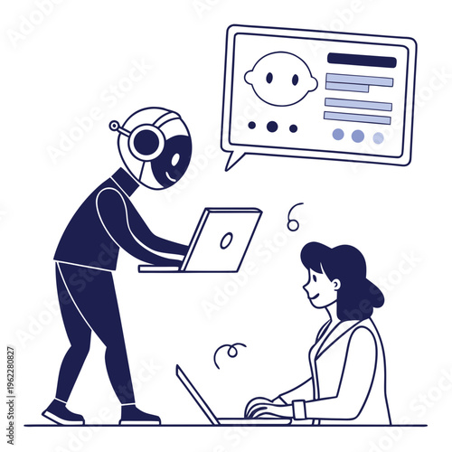 A robot and a woman are working together on laptops with a chat box above them showing a smiling face and bars