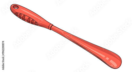 A vibrant red rubber spatula with a hole in the handle for easy hanging in a modern kitchen