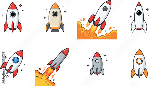 Rocket Launch Illustration Set with Cartoon Spaceships, Space Travel Elements, Blast Off Scenes, and Futuristic Rocket Icons for Science and Technology Design