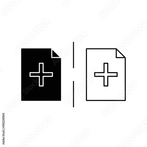Document with plus sign icon, add or create symbol, solid and outline, presented in both solid and