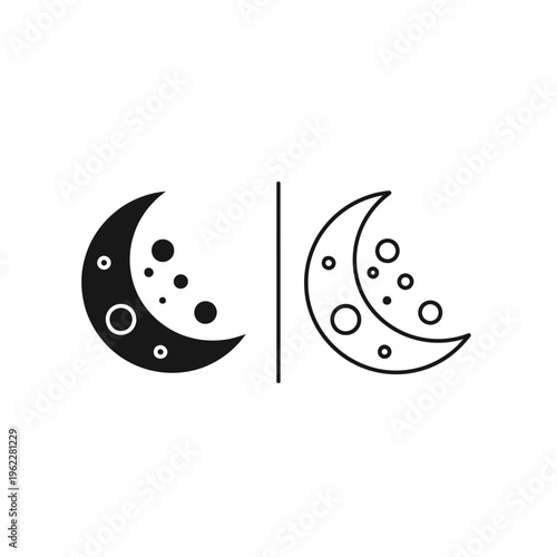 Crescent moon with craters icon - solid glyph and outline vector for night sky design