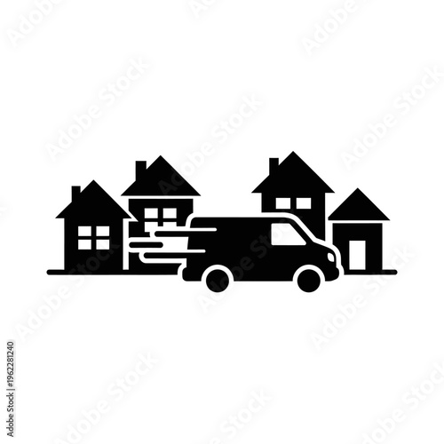 Moving Truck and Houses Residential Relocation Silhouette Icon

