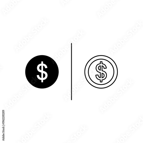 Dollar coin icon - solid glyph and outline vector for currency and payments