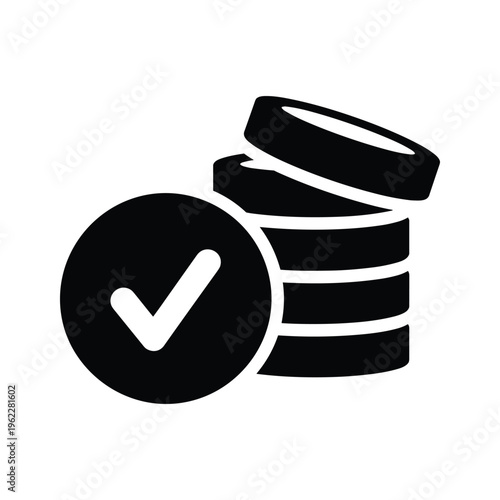 Black and white icon showing approved transaction with coins and checkmark
