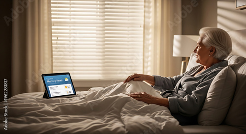 An elderly woman relaxing in bed while using a tablet with a weather app open on the screen.