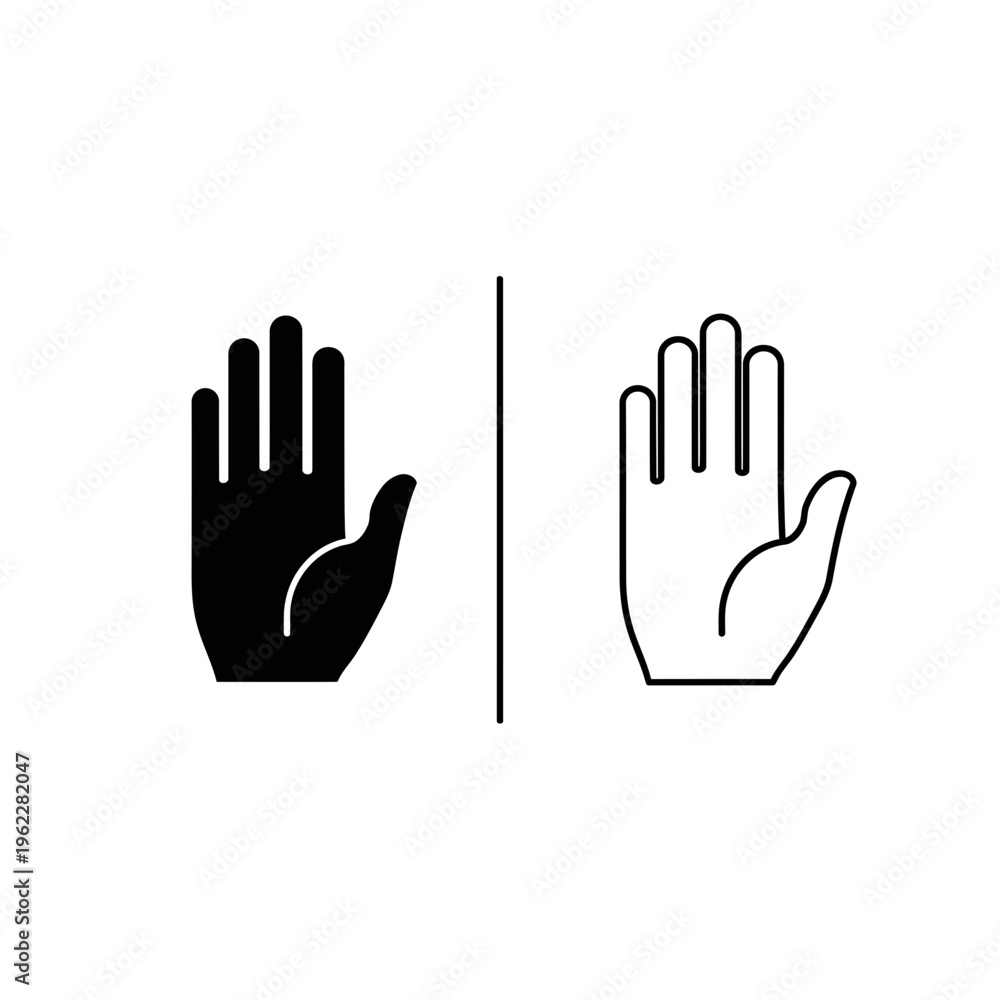 Fototapeta premium Stop hand icon set: solid black and outline for prohibition and warning