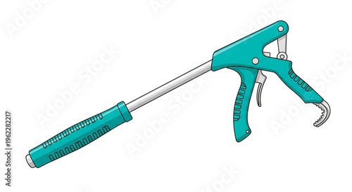 A teal-colored caulk gun with a metal rod and handle, used for applying sealant or adhesive in construction and DIY projects.