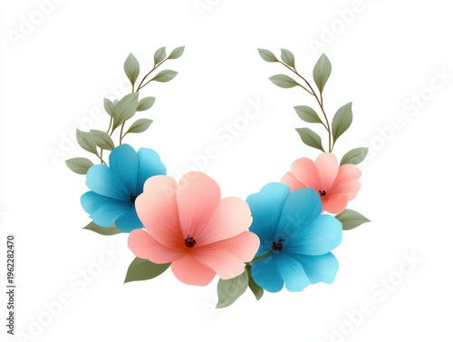 Delicate Floral Wreath with Pink and Blue Flowers Surrounded by Lush Green Leaves for Spring and Summer Designs