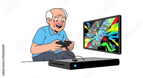 A cartoon illustration of an elderly man enjoying a video game on his console