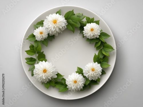 Elegant White Floral Arrangement with Green Leaves on a Round Plate for Minimalist Home Decor Ideas