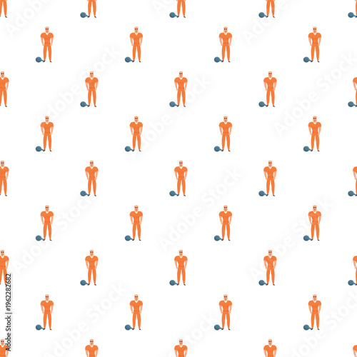 Inmate in orange jumpsuit with ball and chain on white background repeating pattern