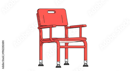 A red metal chair with armrests and a backrest, designed for stadium or event seating