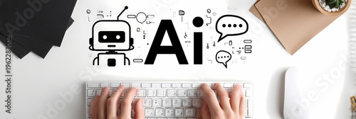 Person Typing on Laptop with Artificial Intelligence Robot and Digital Tech Interface