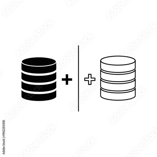 Database add icon. data entry and new record creation symbol for digital systems with plus sign