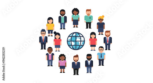 Diverse Global Community Network: People Icons Surrounding a World Globe, Symbolizing Connection and Worldwide Collaboration