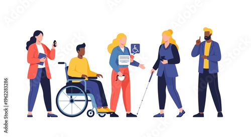 Diversity and Inclusion: Group of People with Disabilities and Allies Illustrating Accessibility and Equality
