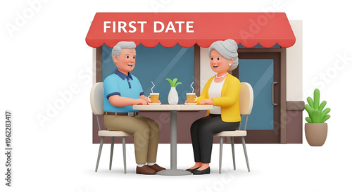 A cartoon illustration of an elderly couple on a first date at a cozy cafe
