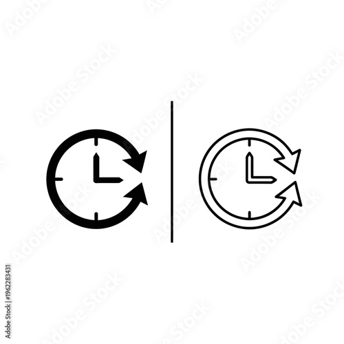 Time history backup clock icon set with circular arrows in black solid and outline vector style