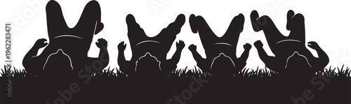 Whimsical silhouettes of playful individuals enjoying carefree moments of fun and freedom on the grass