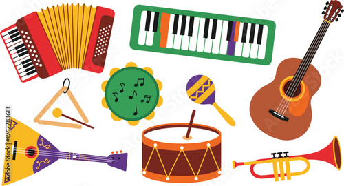 Colorful vector illustration set of musical instruments featuring accordion guitar drum keyboard and percussion for children's education.