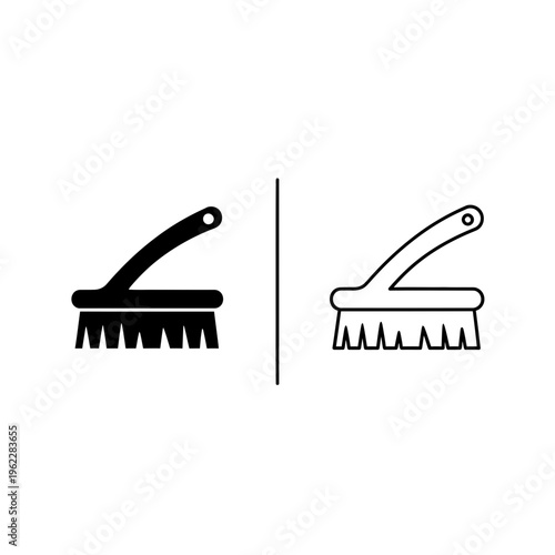 Scrubbing brush icon set, household cleaning tool line and glyph symbols