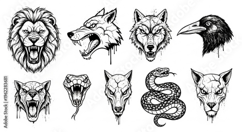 Urban Graffiti Animal Heads Vector Illustration Sheet in Black Ink Grunge Punk Street Art Style