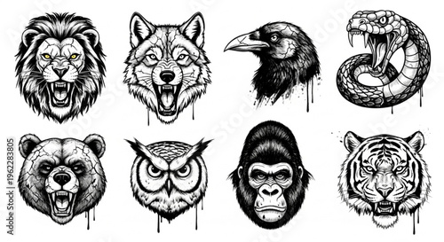 Urban Graffiti Animal Heads Vector Illustration Sheet in Black Ink Grunge Punk Street Art Style