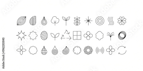 A collection of various botanical shapes and symbols arranged in rows on a white surface.