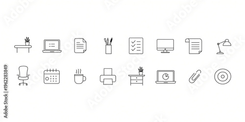 Office workers are using various devices and tools at their desks.