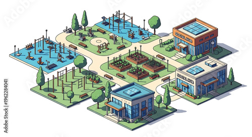 A vibrant community park with various recreational facilities and green spaces