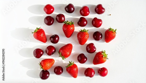 Fresas y cerezas dispuestas en patrón geométrico sobre superficie clara con luz natural.
