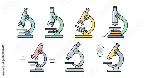 Illustrated vector graphic of several microscopes in different color variations for science