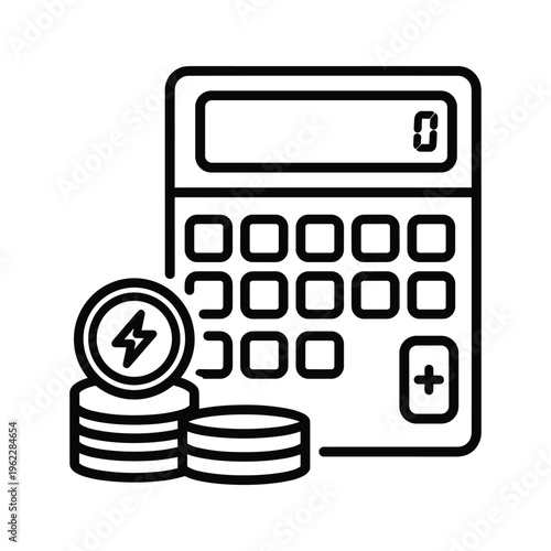 Calculator with electricity and coin stack symbolizing financial calculations and energy costs