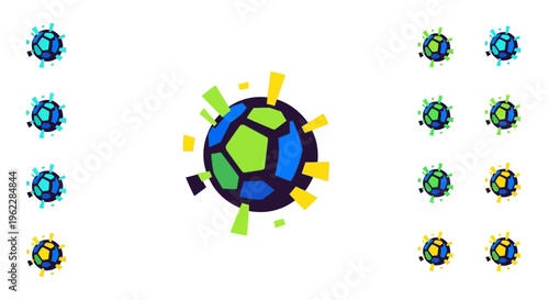 Abstract illustration of geometric soccer ball design with radiant burst effect on white backdrop