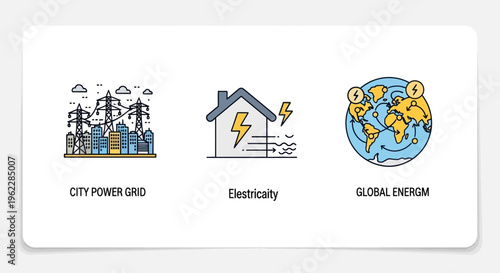 Conceptual illustration depicting power grids, global energy and electricity use with a house symbol