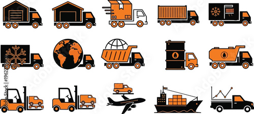 Logistics and transportation icons set with trucks and ships