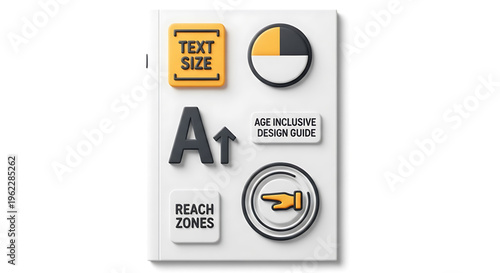 A vector graphic illustrating key elements of an age inclusive design guide, featuring text size, reach zones, and accessibility symbols.