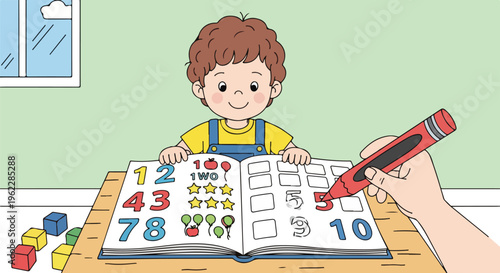 Cute toddler boy engaged in early childhood education, learning numbers and coloring with a parent, promoting cognitive development.
