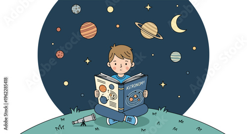Curious young boy engrossed in an astronomy book, surrounded by planets and stars, exploring the wonders of the universe.