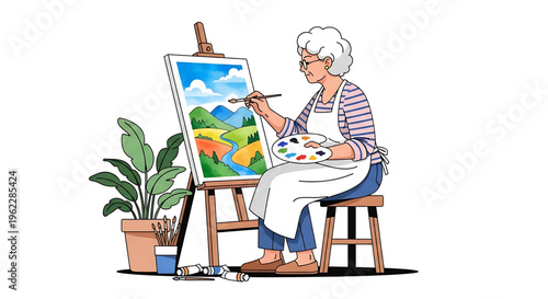 An elderly woman sitting and painting a beautiful landscape on a canvas with an easel