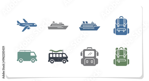A Set of Colorful Travel Icons Depicting Transportation and Adventure Elements