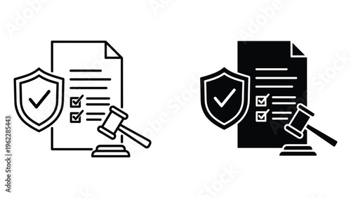 Black and white of legal document with gavel and shield