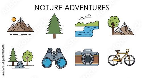 Graphic illustration of nature adventure elements depicting outdoor activities and exploration